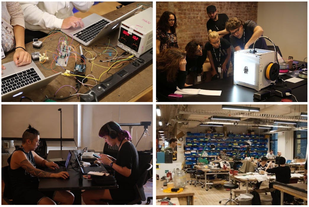 Four photos of students, artists and researchers working together at their lab in NYC. Lots of wires, computers and people huddled together.
