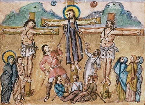 Painted image of the Crucifixion from an ancient manuscript