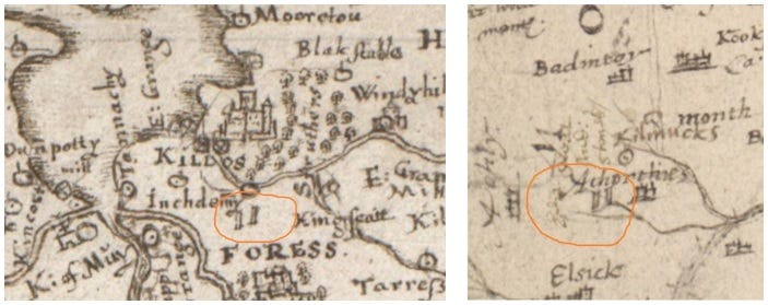 Details of Pont map 8 and 11, showing Sueno’s Stone and Aquhorthies stone circle both indicated with a pair of pillars