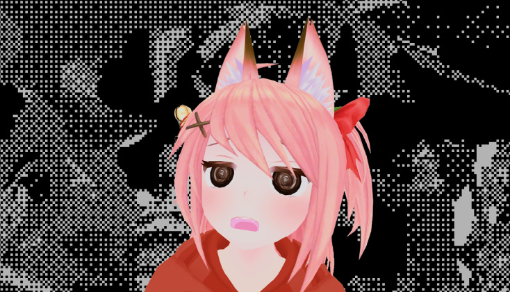 3D anime girl with pink hair, cat ears, brown eyes, red hoodie, and surprised facial expression on a black and grey pixelated background.