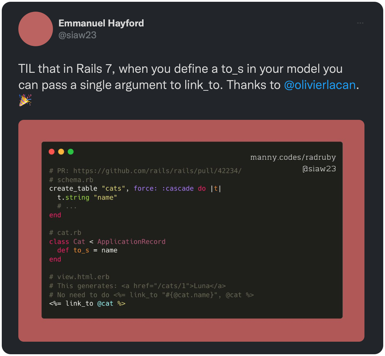 TIL that in Rails 7, when you define a to_s in your model you can pass a single argument to link_to. Thanks to @olivierlacan