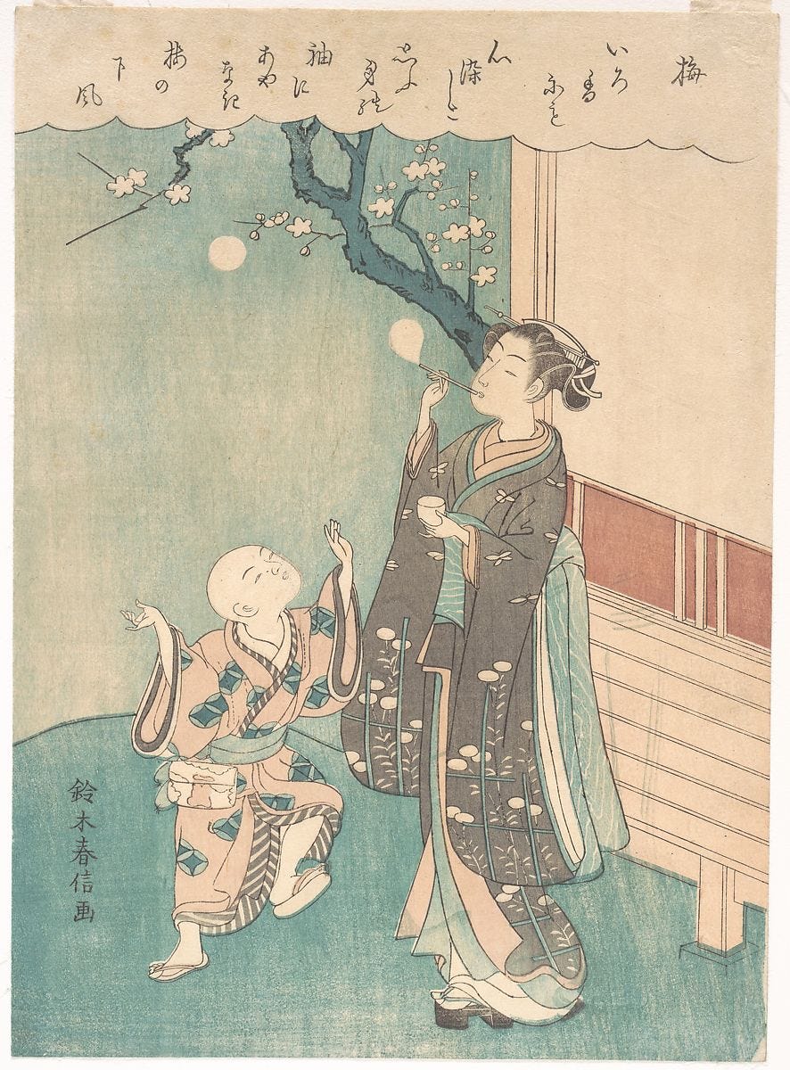 Blowing Soap Bubbles Under the Plum Blossom, Suzuki Harunobu (Japanese, 1725–1770), Woodblock print; ink and color on paper, Japan 