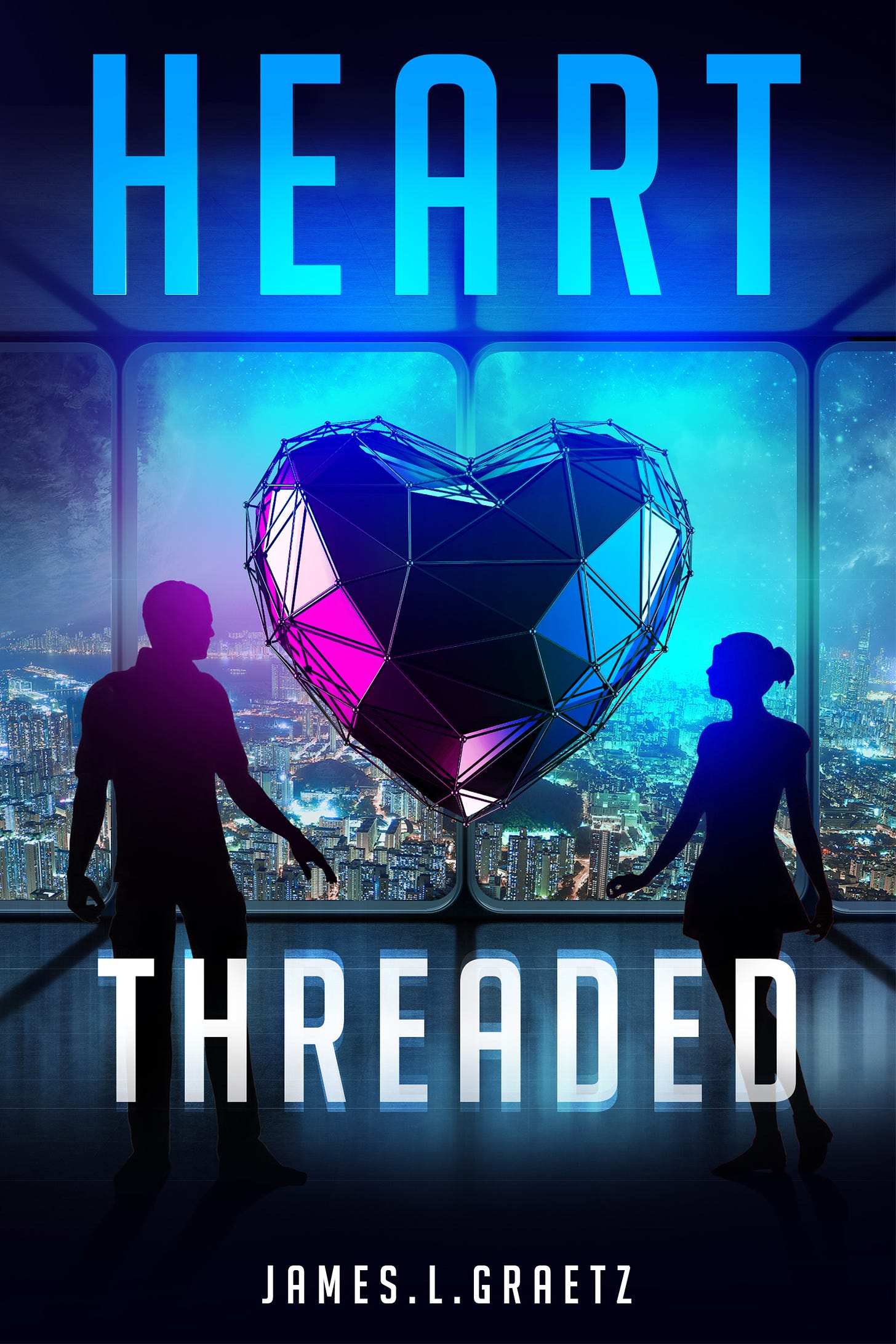 Heart Threaded, by James L Graetz. Novel cover, a polygon shiny glass faceted heart in the center with a sillhouetted man and woman either side with a city in the back ground.