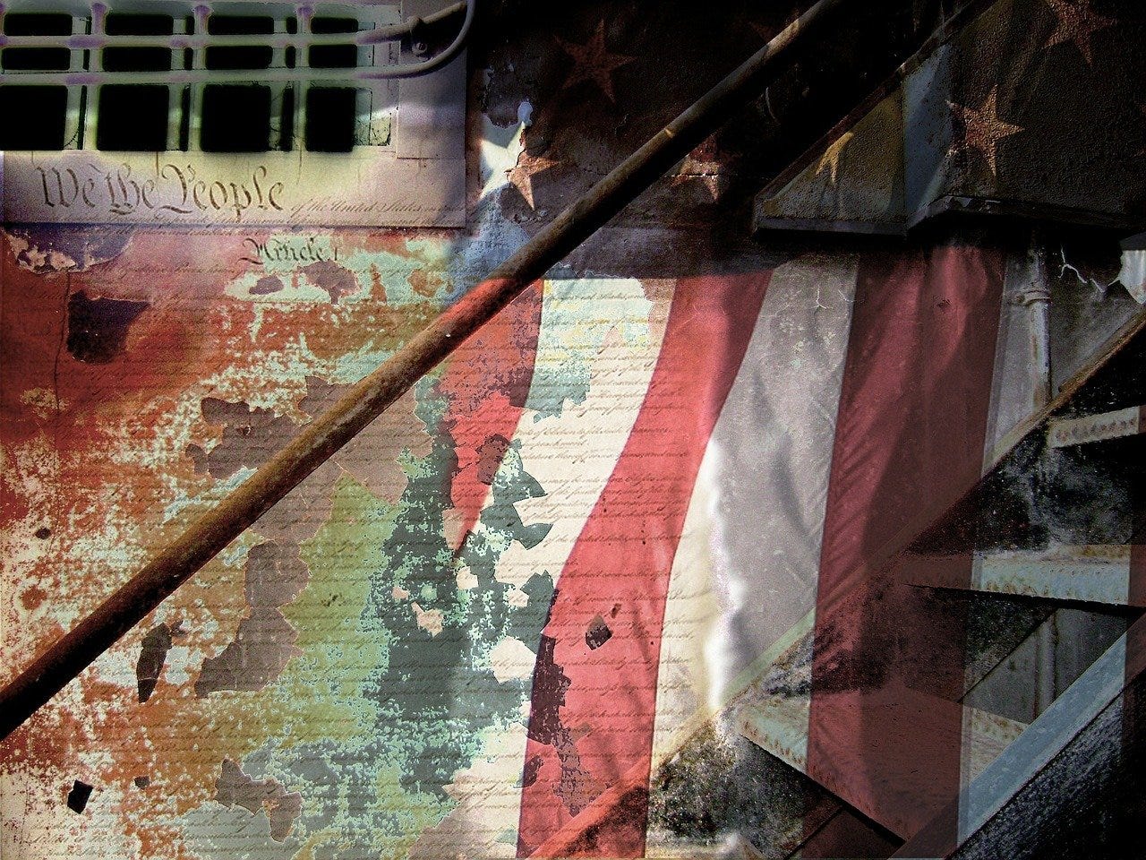 : Image of tattered American flag against backdrop of frayed United States Constitution