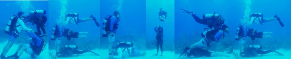scuba divers underwater forming letters with their bodies to spell BELIZE