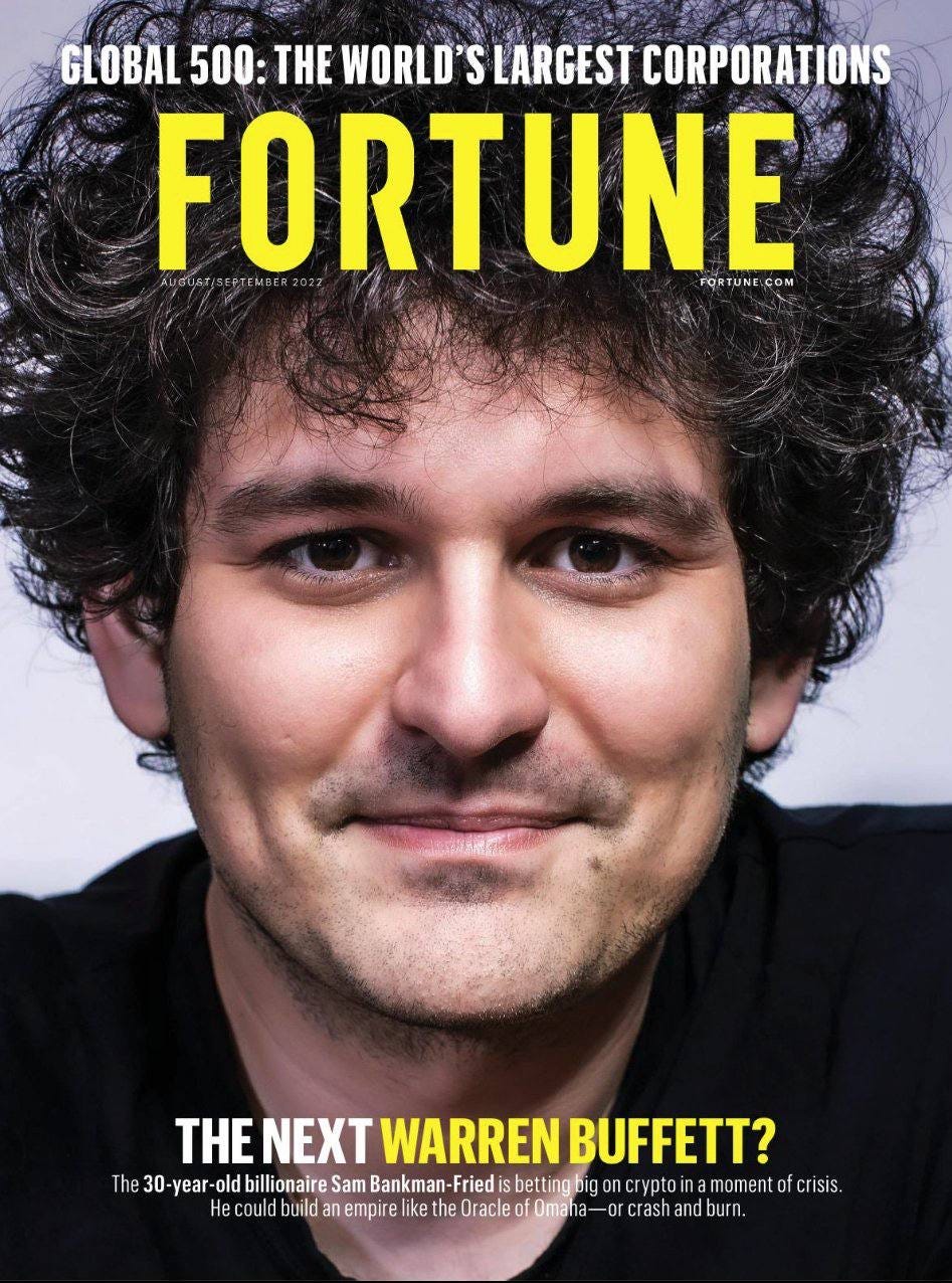 The cover of Fortune magazine, featuring a close-up photograph of Sam Bankman-Fried looking directly at the camera. The headline says "The next Warren Buffett?" The subhead says: "The 30-year-old billionaire Sam Bankman-Fried is betting big on crypto in a moment of crisis. He could build an empire like the Oracle of Omaha—or crash and burn."