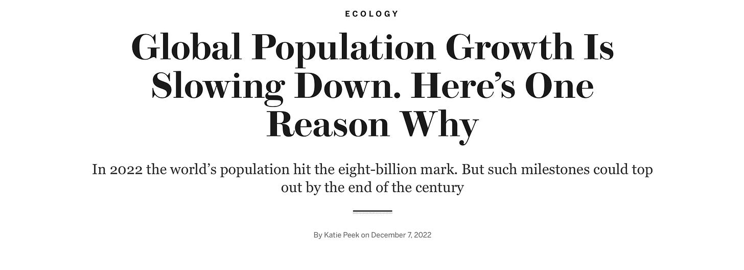 Headline of article on global population growth slowing down
