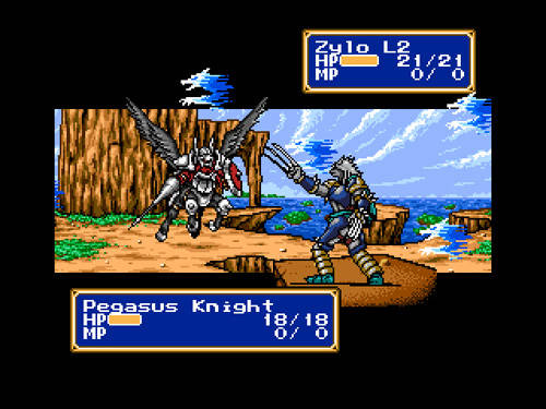 A screenshot of Shining Force's battle system, with Zylo on the attack against a Pegasus Knight.