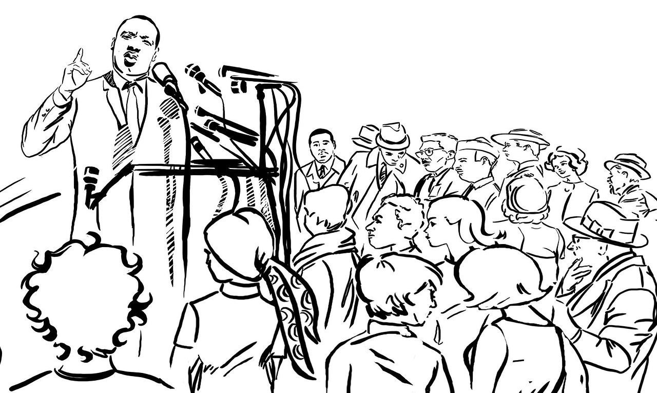 Line drawing of Dr. Martin Luther King Jr giving a speech