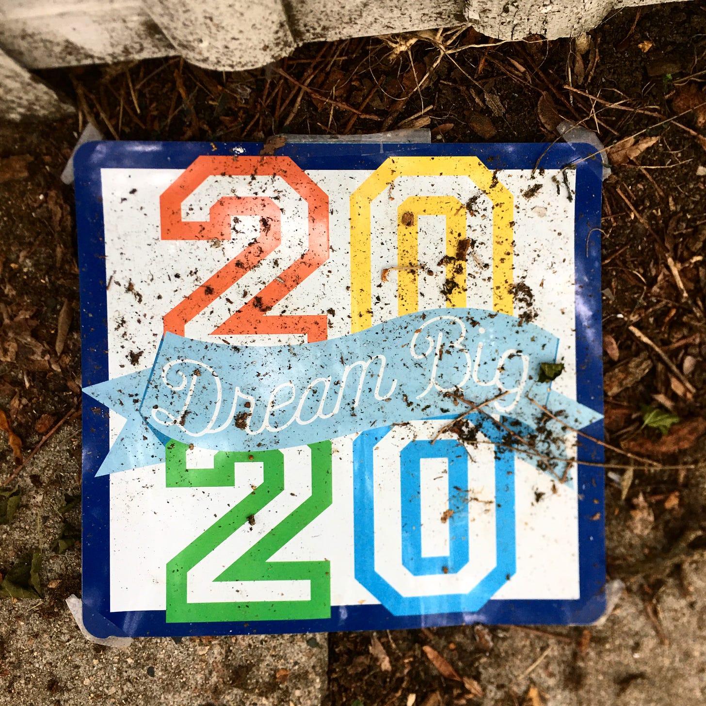 A graduation sign reads "2020: Dream Big"; the sign is on the dirty sidewalk, covered in debris and dead leaves.