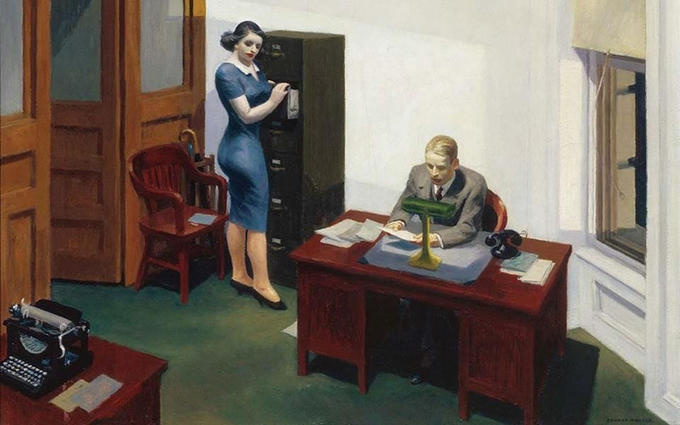 Edward Hopper's painting Office at Night (1940). A man sits at a desk in a cheaply furnished office while his secretary opens a filing cabinet.