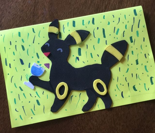 A card showing the pokemon Umbreon, a black fox-like creature with yellow markings. Umbreon is holding a wine glass in his front paw. He looks happy