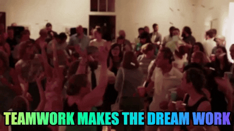 Gif of wedding guests dancing and a rainbow wave of text saying "Teamwork makes the dream work"