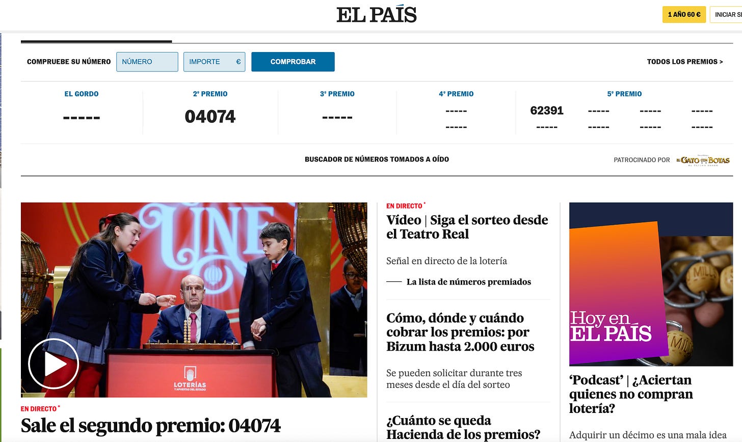 La homepage de El Pais del 22 dicembre, in cima il riassunto dei premi già estratti della lotteria: seguono articoli sullo stesso tema.