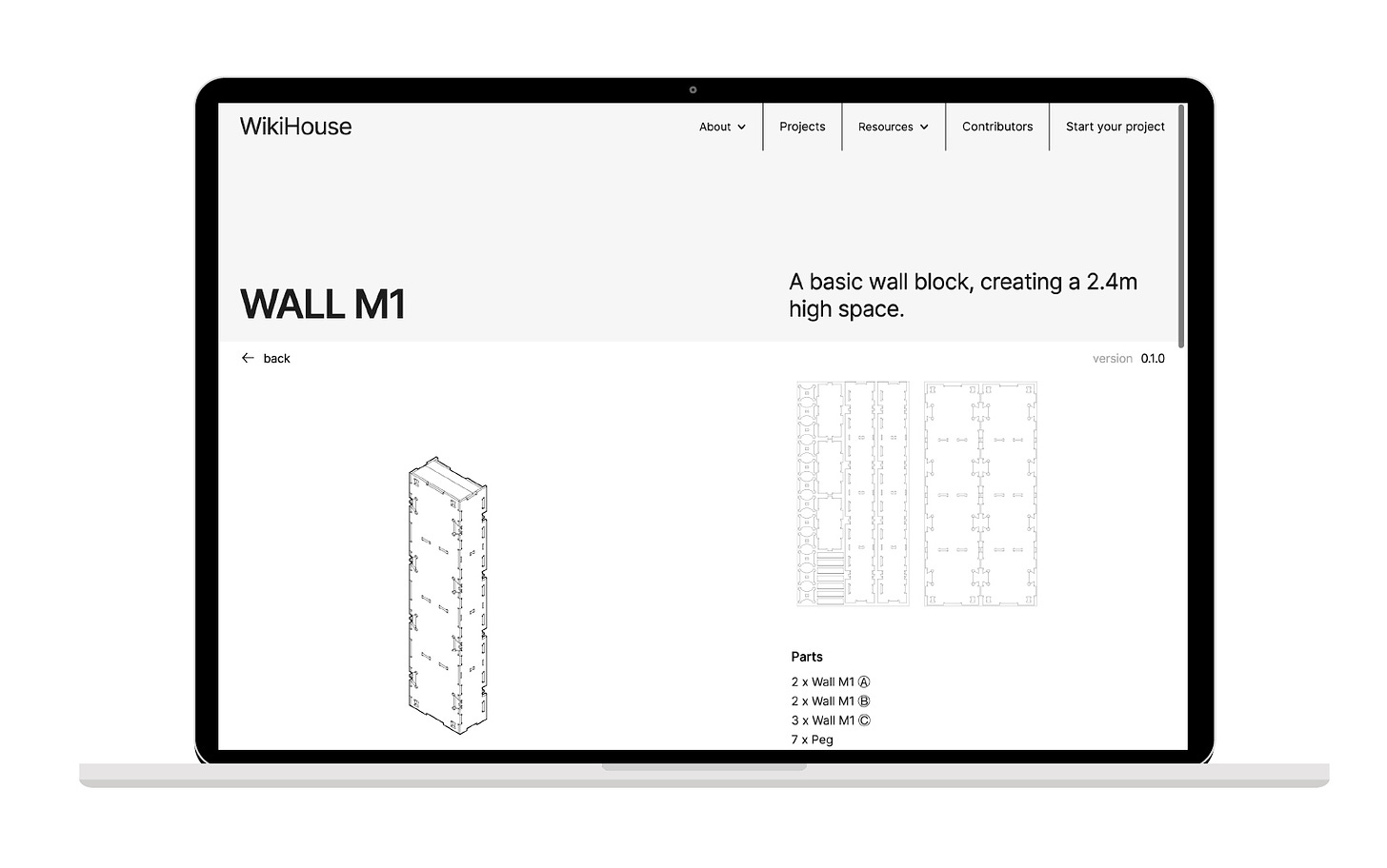 Image of an open laptop showing a mockup WikiHouse website. The page on show is for Wall M1 and shows an image of the Wall M1 block and its parts