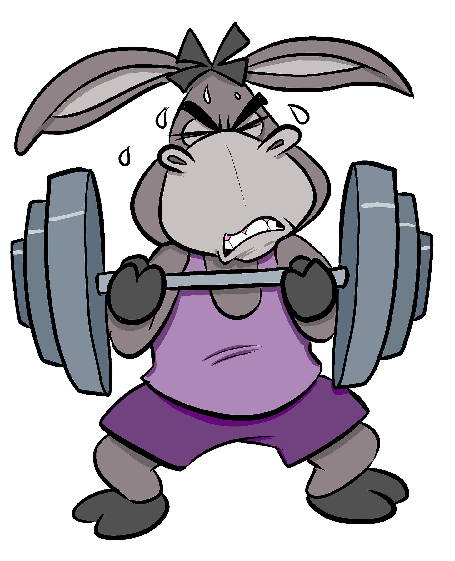A donkey lifting weights.