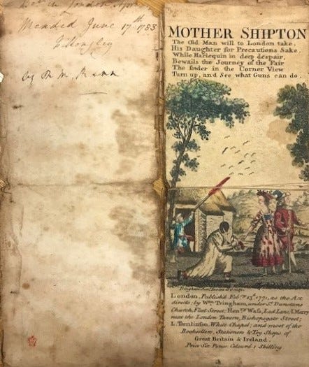 Inside front cover and title page of Mother Shipton with a colour picture of a man and his daughter  about to go on a journey to London