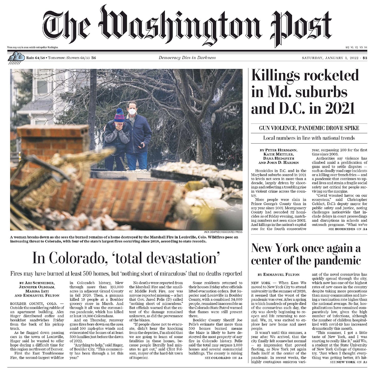 Front page of The Washington Post on New Year's Day 2022