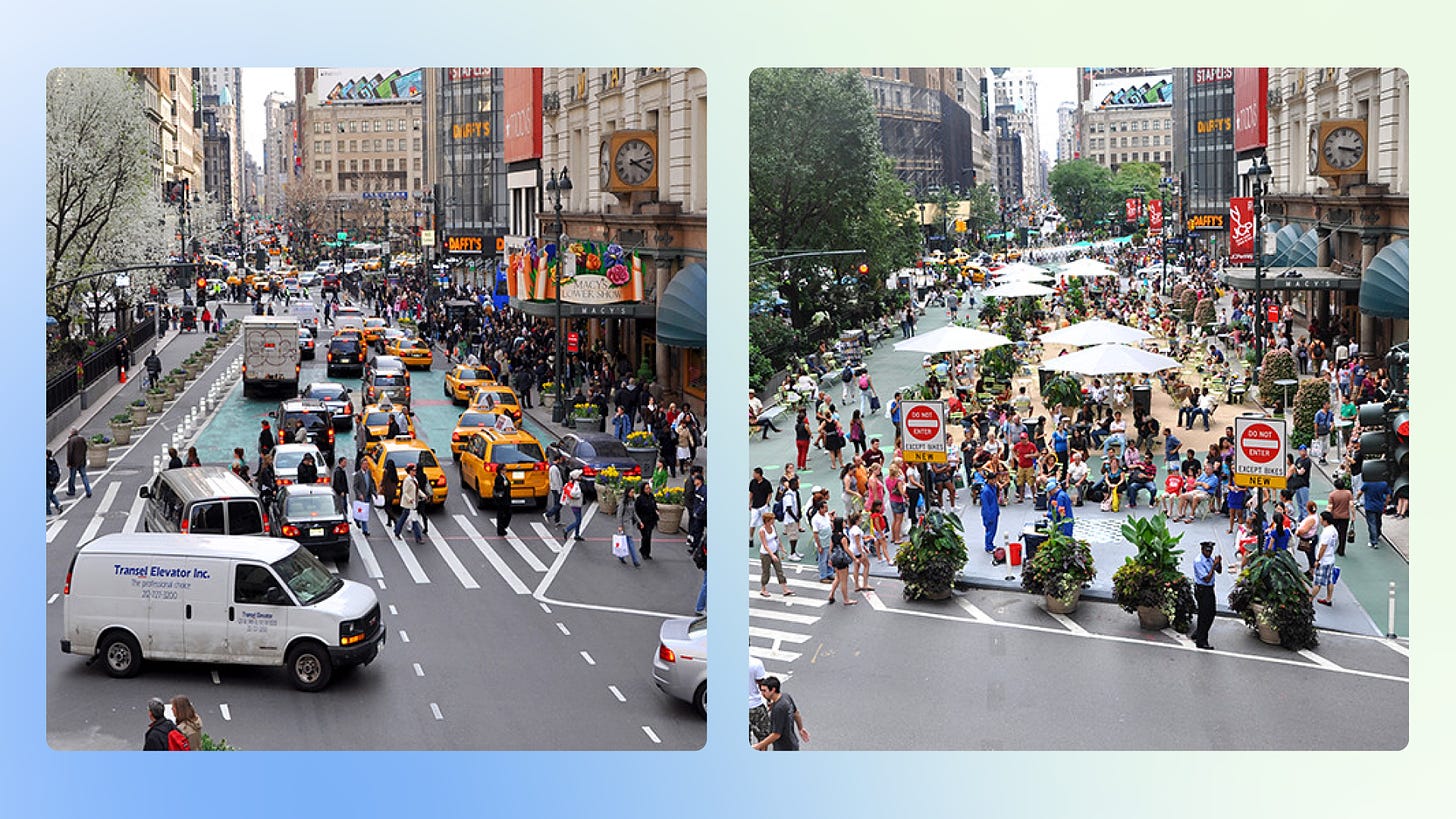 Herald Square before and after it was closed to cars