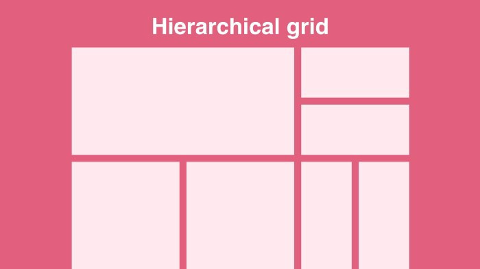 A layout of a hierarchical grid. Light pink squares of different shapes and sizes are shown across the page with dark pink acting as the border. The words Hierarchical grid are at the top.