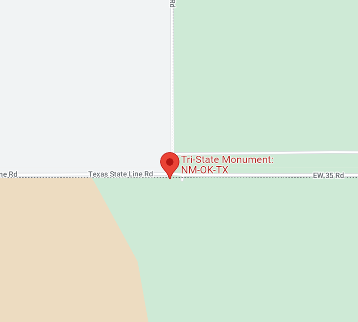 The New Mexico-Texas-Oklahoma tripoint on Google Maps. It's on land.