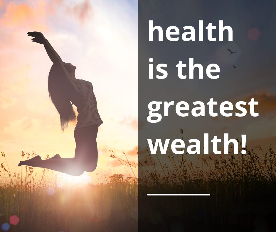 The image shows a girl jumping with joy. The text written is “Health is the greatest wealth”. The image is part of the article titled "Bhagavad Gita and Meditation: Immunity in times of pandemic" authored by Anish Prasad and published at https://rationalastro.org