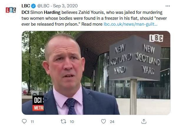 Tweet from LBC from earlier in September with DCI Harding discussing the murderer Zahid Younis.