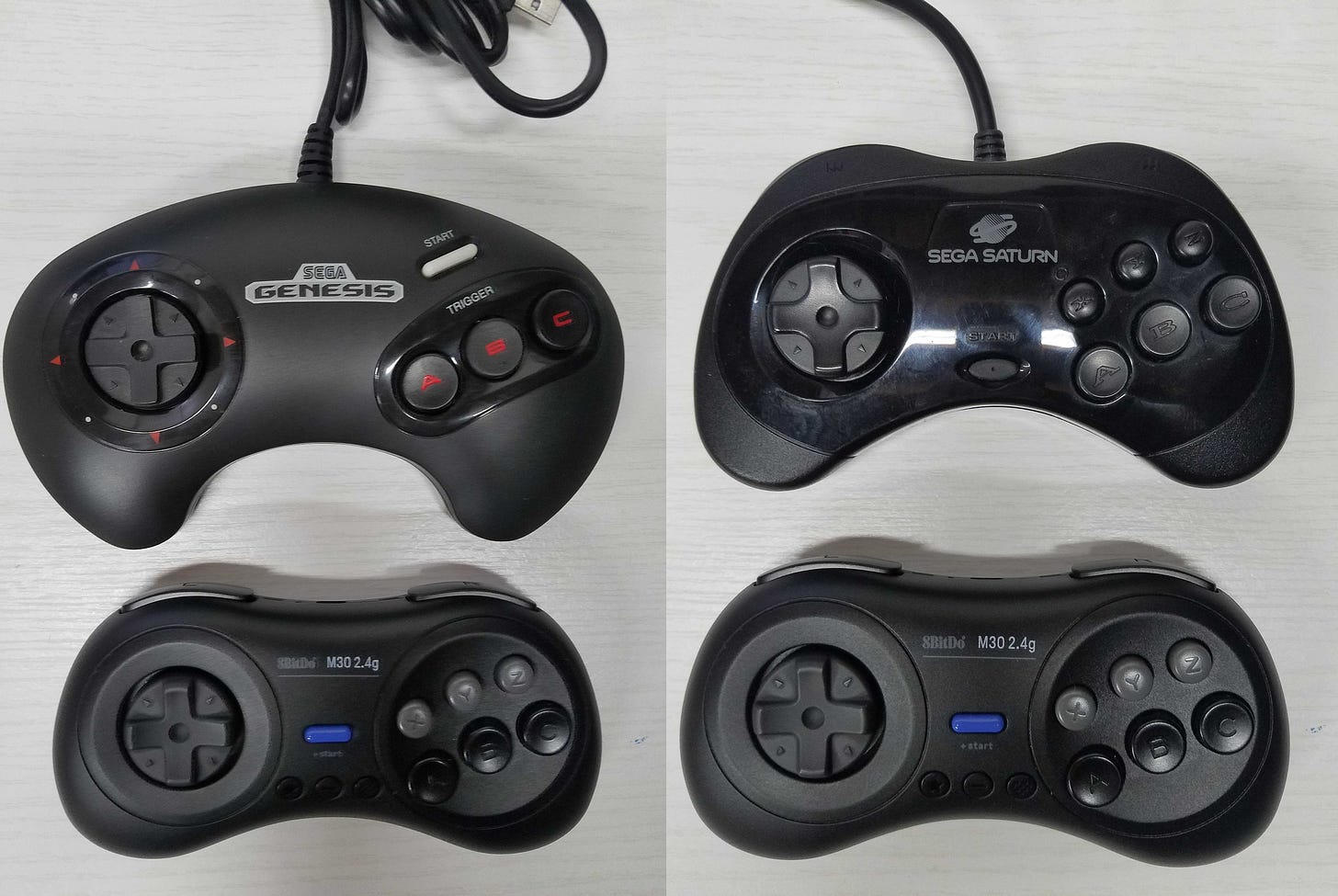 Comparison shots of the original Genesis controller with the 8BitDo 6-button replica, and the Saturn controller and the same replica.