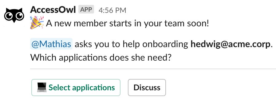 Onboarding message to manager in Slack