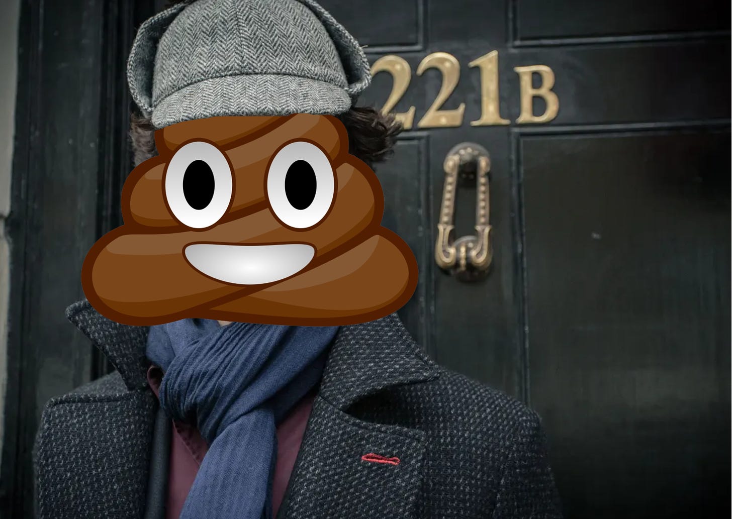 Sherlock Holmes but his head is a poop emoji