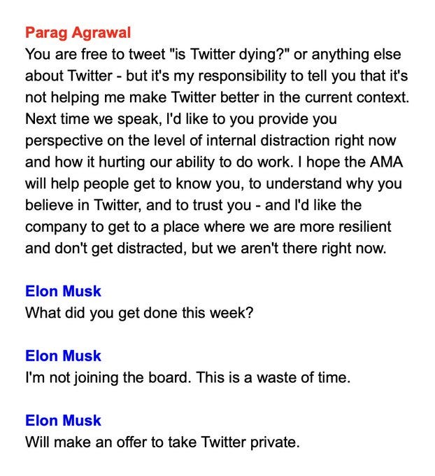 Elon Musk's texts to Twitter CEO Parag Agrawal reveal heated negotiations