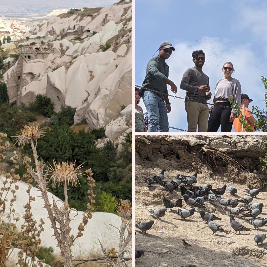 View of Pigeon Valley in Cappadochia, including a picture of Aseef, Basant and Riley throwing bird feed to some very chunky pigeons.