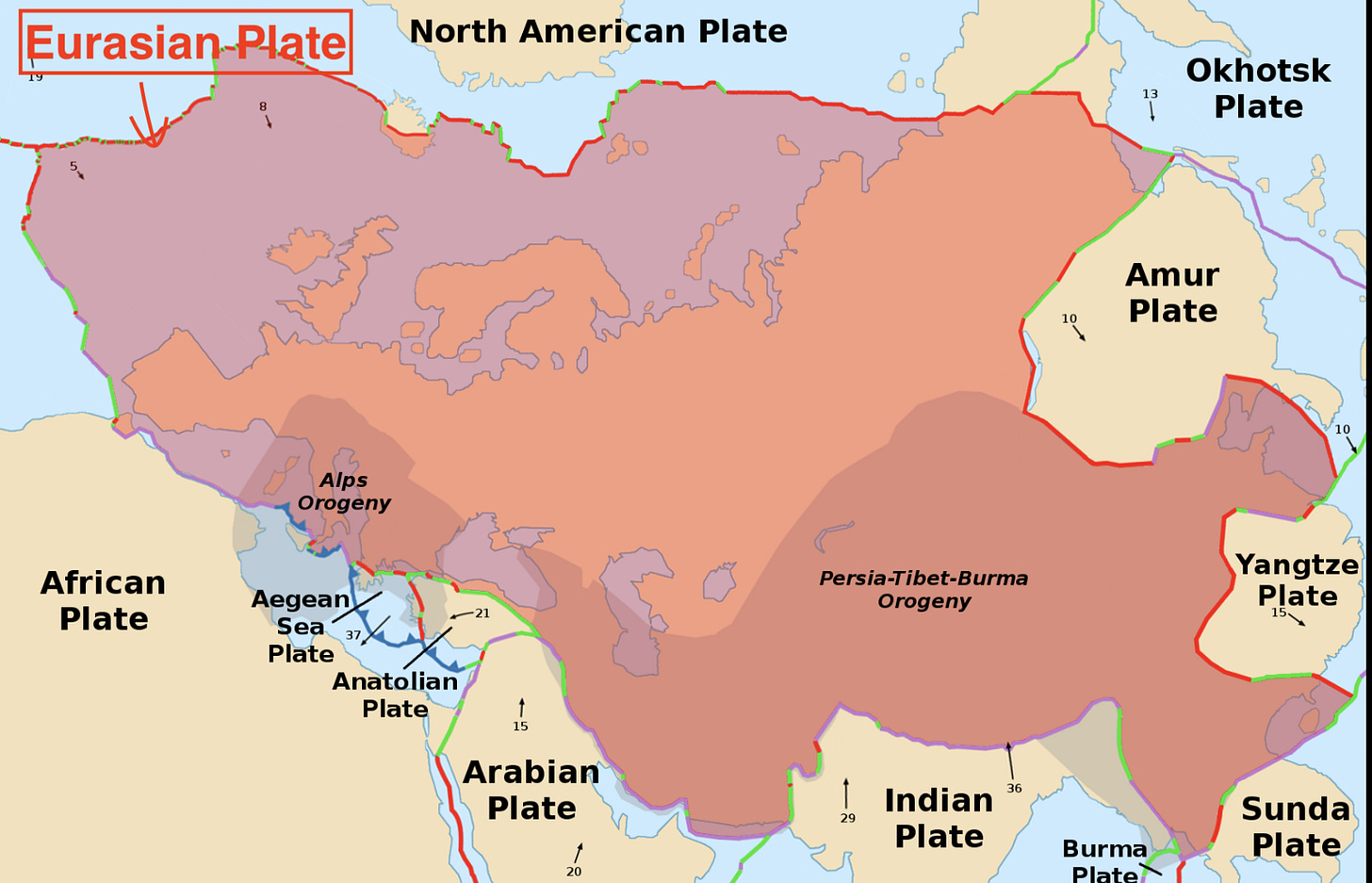 A map showing the Euroasian tectonic plate that encompassed Europe, Russia, Persia, Mongolia, and most of China.