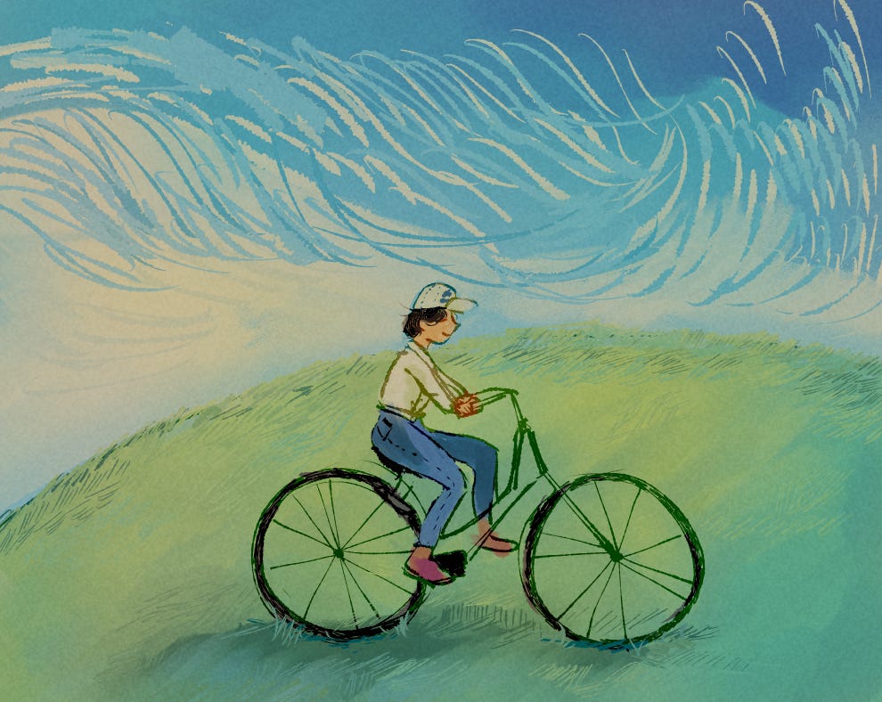 a biker calmly biking on a grassy hill. the wind seems to be moving the clouds in pretty spirals