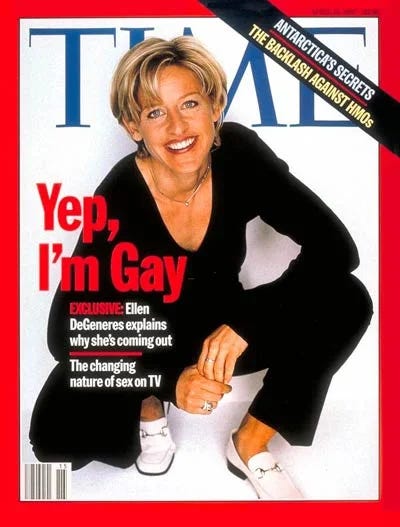 The cover for the April 14, 1997, issue of Time magazine, featuring Ellen DeGeneres announcing she is gay.