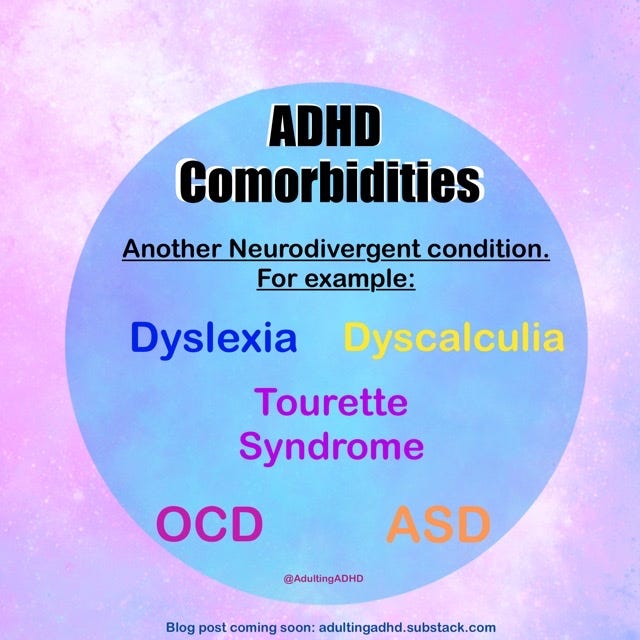A graphic titled ‘ADHD Comorbidities’ with the heading ‘Another Neurodivergent condition, for example: Dyslexia, Dyscalculia, Tourette Syndrome, OCD, ASD’