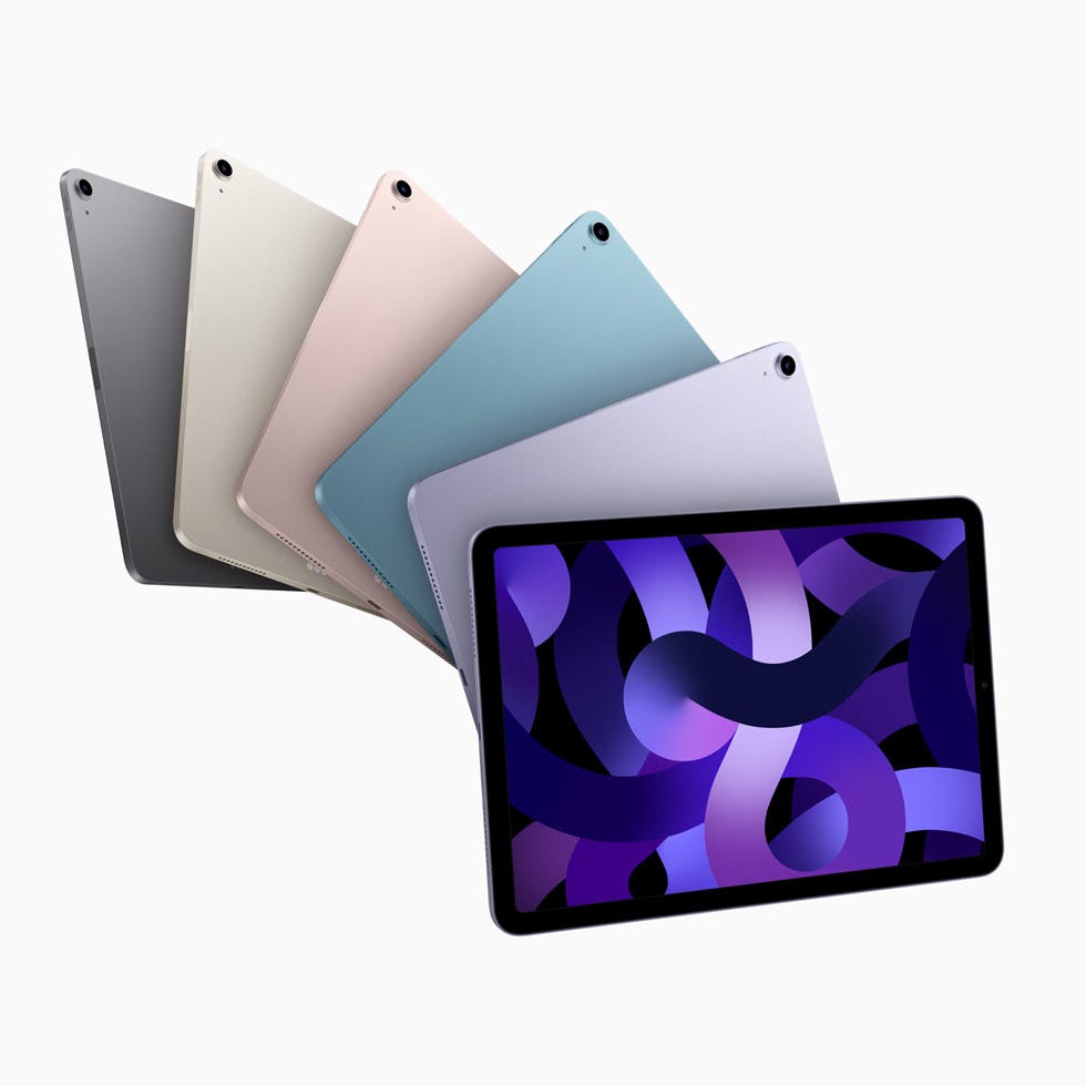 The new iPad Air in space grey, starlight, pink, blue, and purple.