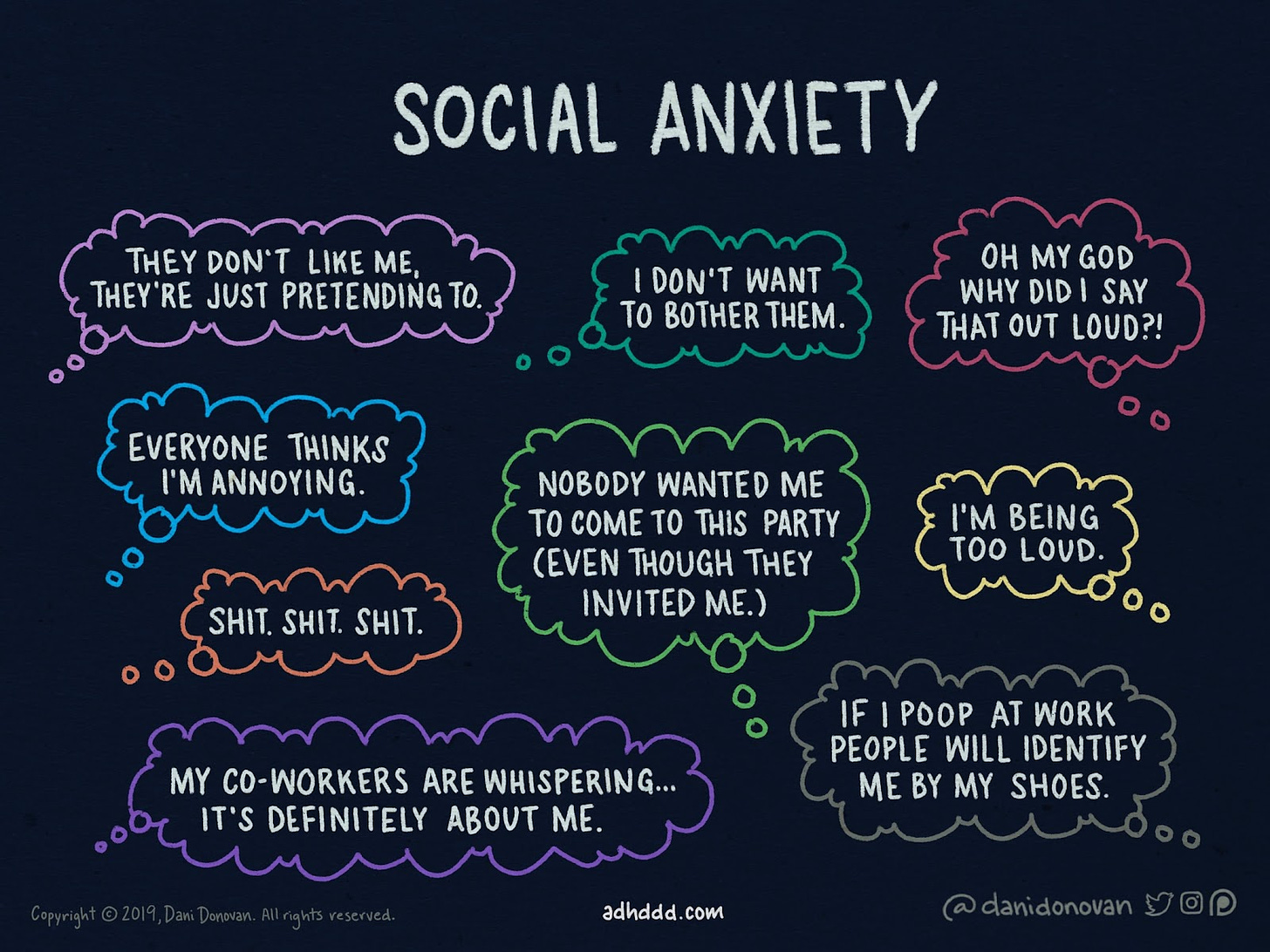Image with various quotes of social anxiety such as "shit. shit. shit." and "If I poop at work people will ID me by my shoes"