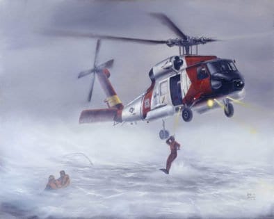 A Coast Guard rescue swimmer deploys from an HH-60J "Jayhawk" helicopter, typical of harrowing rescue scenarios that rescue swimmers are called upon to perform.