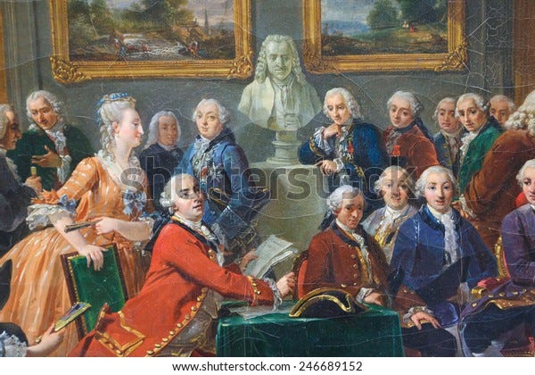 ROUEN, FRANCE - FEBRUARY 10, 2013: Painting depicting the reading of the tragedy l'Orphelin de la China by Voltaire in the salon of Madame Geoffrin in Paris in 1775.