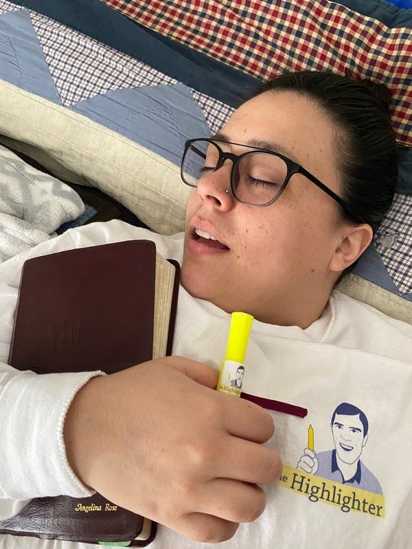 Loyal reader and VIP Angelina did so much reading last week in her Highlighter T-shirt that now she is plumb tuckered out and needs a good snooze. (Notice though how she clutches her Highlighter highlighter firmly.)