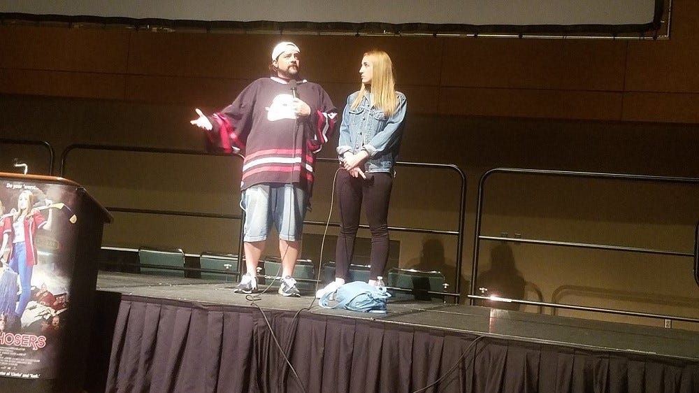 Kevin Smith with Harley Quinn Smith, after a "Yoga Hosers" screening