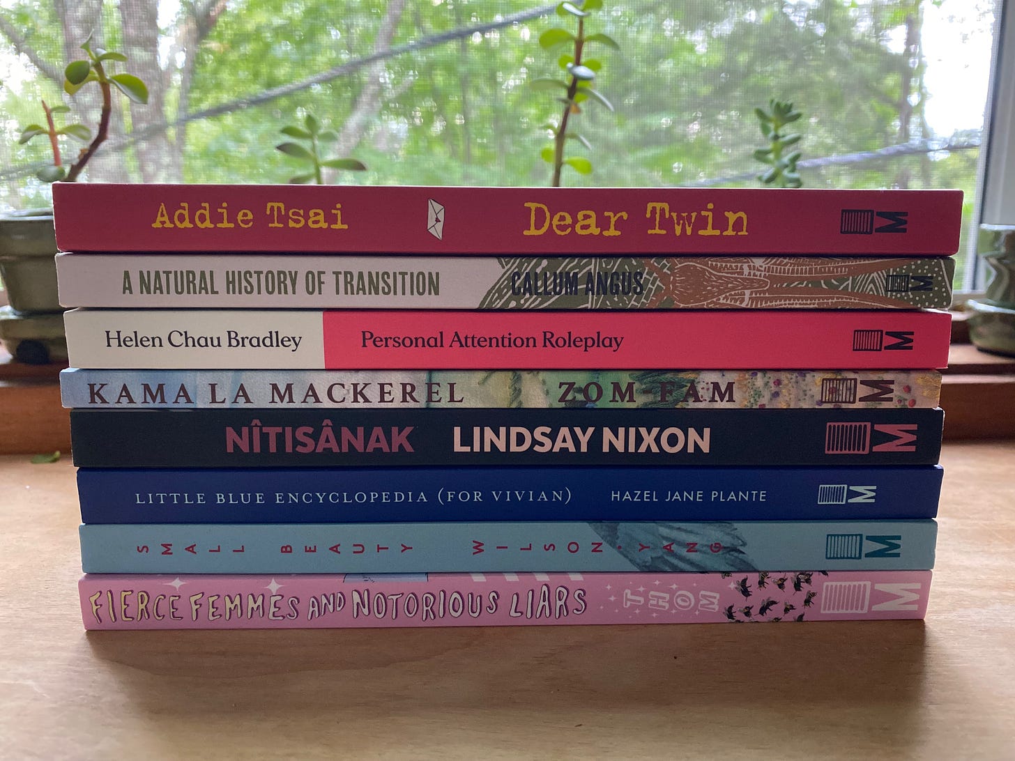 A stack of Metonymy Press titles on a wooden desk in front of a window. Books are: Dear Twin, A Natural History of Transition, Personal Attention Roleplay, Zom-Fam, Nîtisânak, Little Blue Encyclopedia (for Vivian), Small Beauty, and Fierce Femme and Notorious Liars.