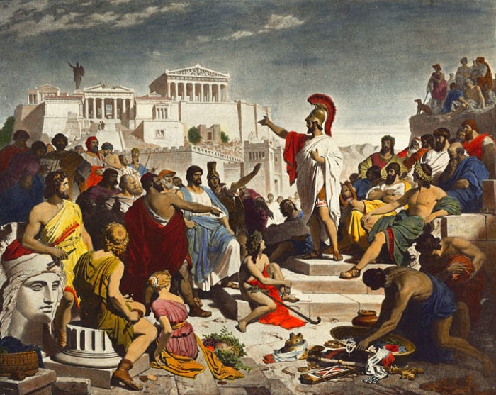 Pericles stands in front of the Acropolis in Athens