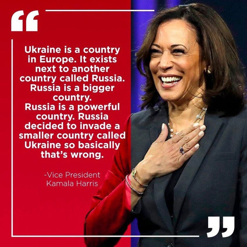 May be an image of 1 person and text that says '" Ukraine is a country in Europe. It exists next to another country called Russia. Russia is a bigger country. Russia is a powerful country. Russia decided to invade a smaller country called Ukraine so basically that's wrong. -Vice President Kamala Harris "'