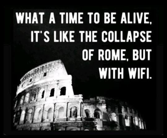 May be an image of text that says 'WHAT A TIME TO BE ALIVE, IT'S LIKE THE COLLAPSE OF ROME, BUT WITH WIFI. ndgohm'