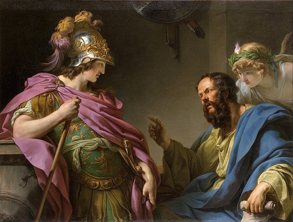 A well-dressed young man standing with one hip cocked, his elbow propped on a wall, while a bearded man in robes sits before him making an open-handed gesture.