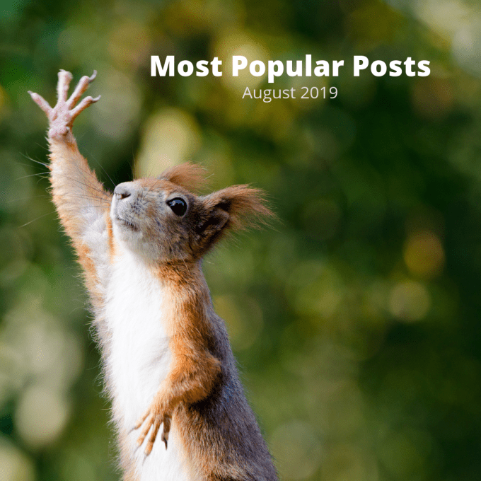A red squirrel raising its hand and the words, Most Popular Posts August 2019.
