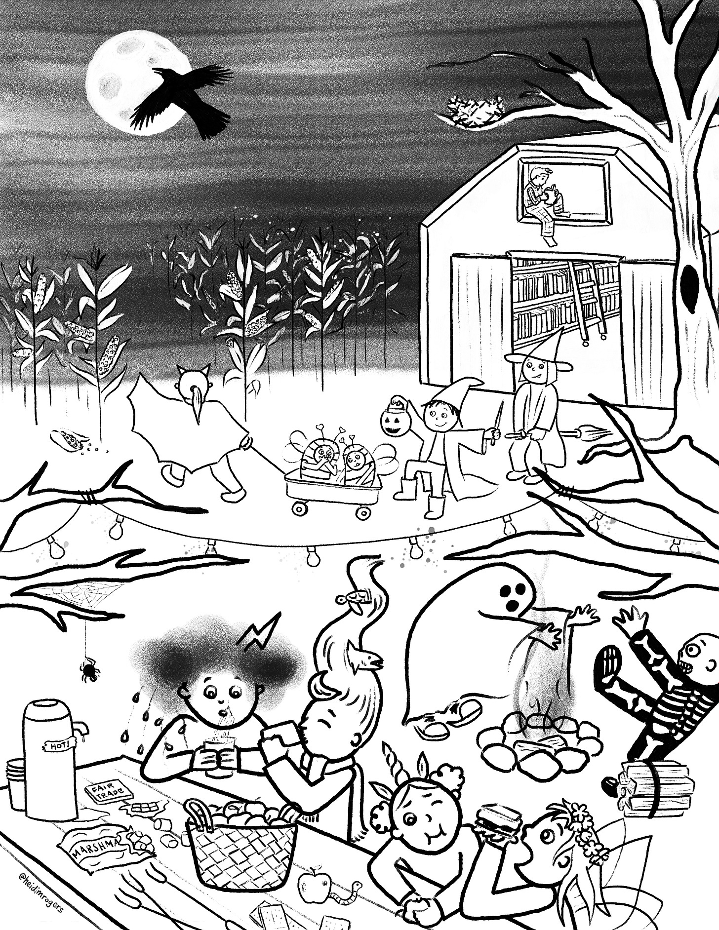 Black and white Halloween-themed coloring page featuring night sky, full moon, crow, corn fields, book barn, costume parade, feast with treats such as s'mores, hot cocoa, apples, and a campfire