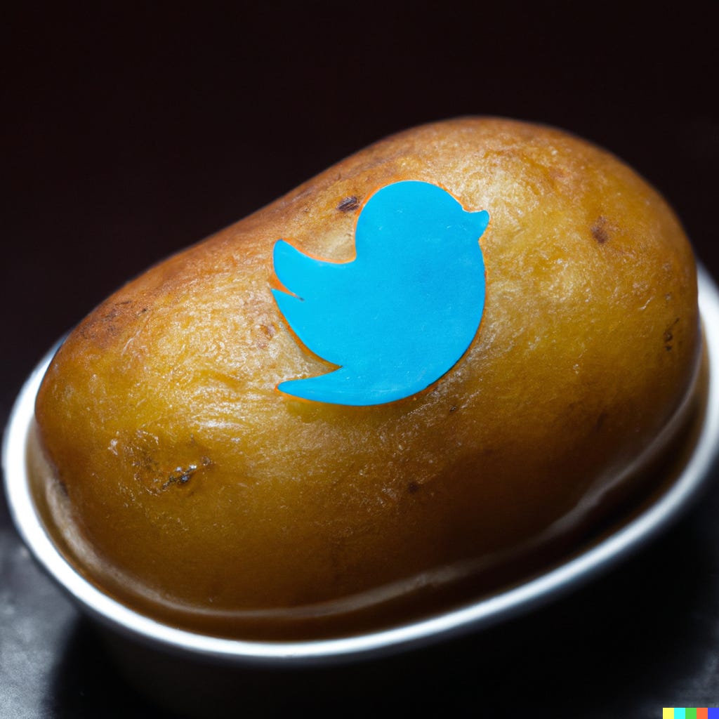 “The Twitter logo on a hot potato,” as rendered by OpenAI’s DALL-E